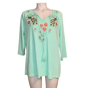 Quacker Factory Embroidered Peacock 3/4 Sleeve Tie V-Neck Knit Tunic Top LG NWT